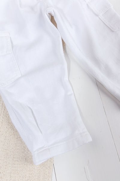Pileli Kargo Cepli Pamuklu  Kız Çocuk Pantolon Beyaz