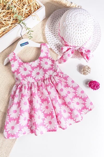 Papatya Baskılı Şapkalı Kız Bebek Yazlık Elbise PEMBE - 24 Ay