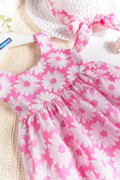 Papatya Baskılı Şapkalı Kız Bebek Yazlık Elbise PEMBE - 24 Ay