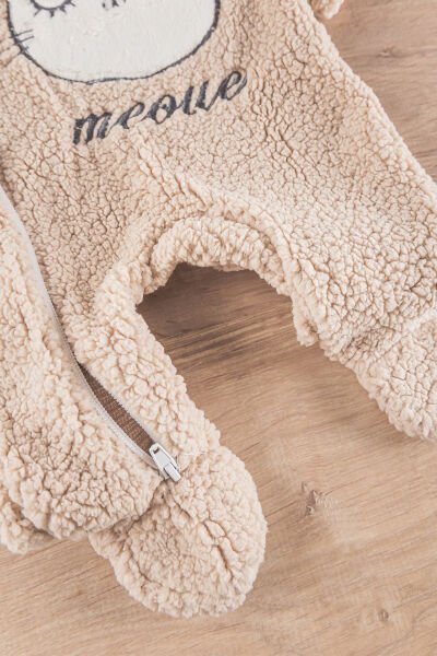 Kedi Figürlü Welsoft Peluş Kız/Erkek Bebek Tulum BEJ -  0-3 AY