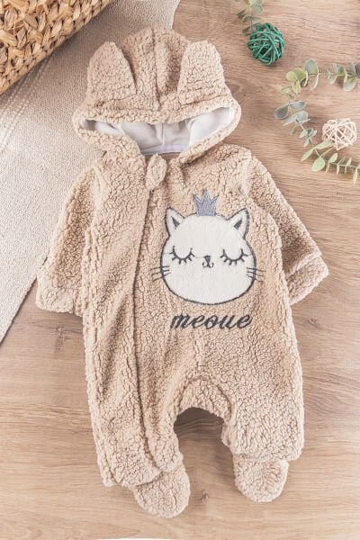 Kedi Figürlü Welsoft Peluş Kız/Erkek Bebek Tulum BEJ - 3 Ay