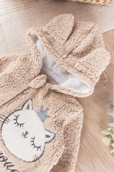 Kedi Figürlü Welsoft Peluş Kız/Erkek Bebek Tulum BEJ - 6 Ay