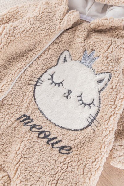 Kedi Figürlü Welsoft Peluş Kız/Erkek Bebek Tulum BEJ - 6 Ay