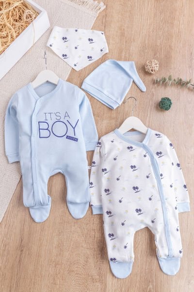 Palmiye Desenli Boy Baskılı 2'li Uzun Kollu Erkek Bebek Tulum Takım