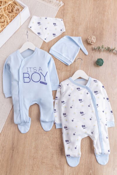 Palmiye Desenli Boy Baskılı 2'li Uzun Kollu Erkek Bebek Tulum Takım MAVİ - 3-6 AY
