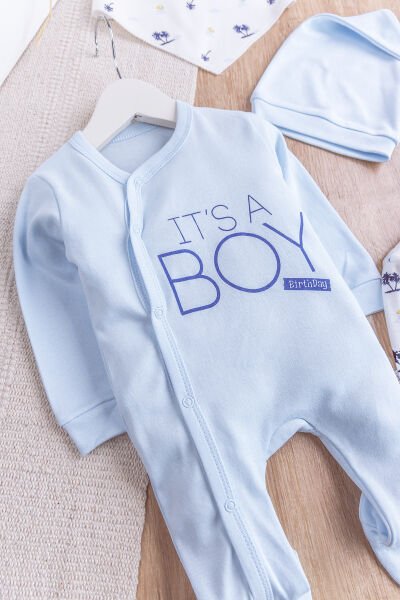 Palmiye Desenli Boy Baskılı 2'li Uzun Kollu Erkek Bebek Tulum Takım MAVİ - 3-6 AY