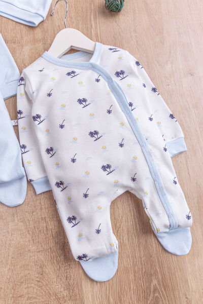 Palmiye Desenli Boy Baskılı 2'li Uzun Kollu Erkek Bebek Tulum Takım MAVİ - 3-6 AY