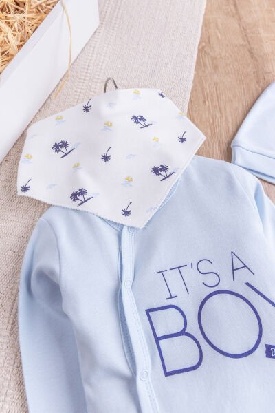 Palmiye Desenli Boy Baskılı 2'li Uzun Kollu Erkek Bebek Tulum Takım MAVİ - 3-6 AY