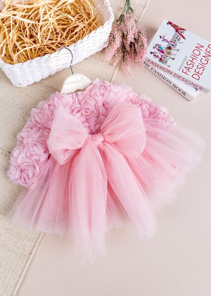 Fiyonklu Güllü Tül Detaylı Şık Dogum Günü Özel Gün Kız Bebek/Çocuk Elbise PEMBE - 9 Ay