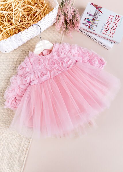 Fiyonklu Güllü Tül Detaylı Şık Dogum Günü Özel Gün Kız Bebek/Çocuk Elbise PEMBE - 18 Ay