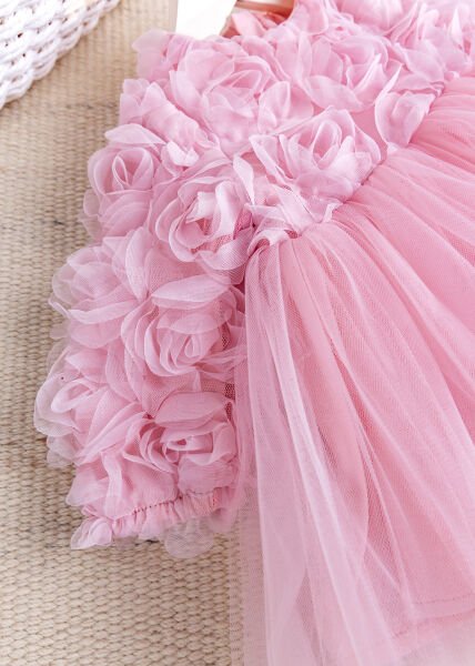 Fiyonklu Güllü Tül Detaylı Şık Dogum Günü Özel Gün Kız Bebek/Çocuk Elbise PEMBE - 18 Ay