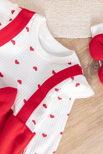 Kalp Desenli Fiyonklu Bandanalı Kız Bebek Tulum