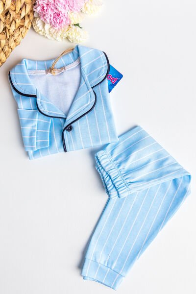 Önden Düğmeli Mavi Çizgili Kız Çocuk Pijama Takımı