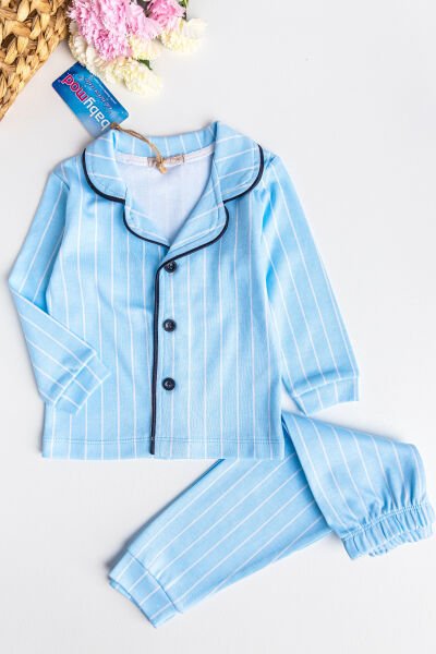 Önden Düğmeli Mavi Çizgili Kız Çocuk Pijama Takımı
