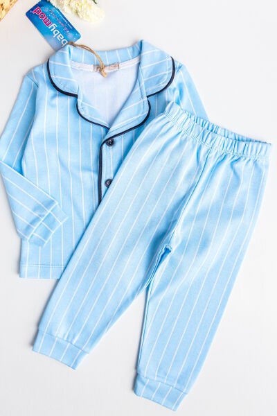 Önden Düğmeli Mavi Çizgili Kız Çocuk Pijama Takımı