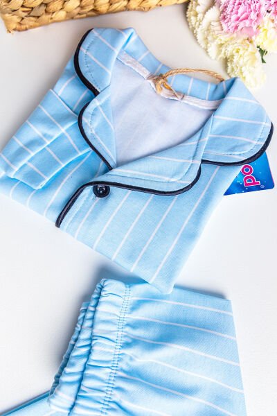 Önden Düğmeli Mavi Çizgili Kız Çocuk Pijama Takımı