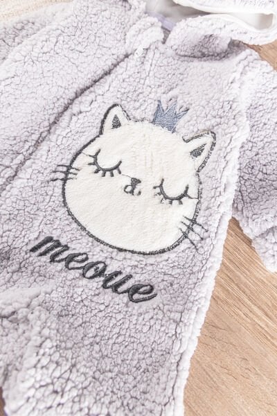 Kedi Figürlü Welsoft Peluş Kız/Erkek Bebek Tulum GRİ -  0-3 AY