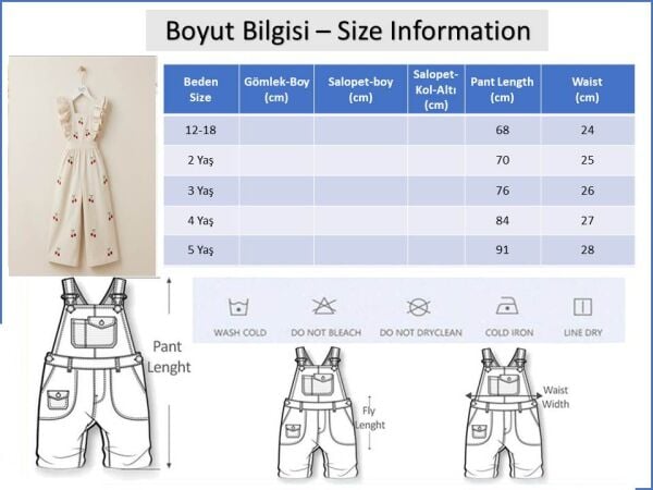 Kiraz işlemeli Keten Kız Çocuk Salopet Tulum