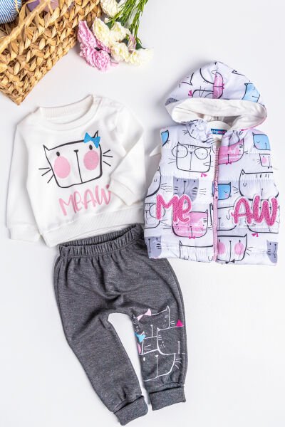 Kız Bebek Takım Kedi Desenli Kız Bebek Şişme Yelekli Takım