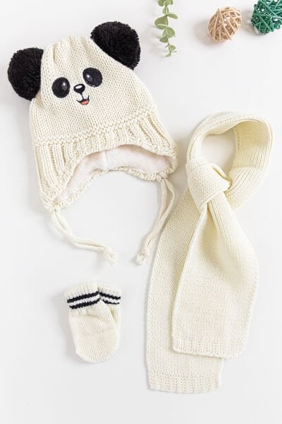 Panda Figürlü 0-18 Ay Erkek Bebek Atkı Bere Eldiven Takımı