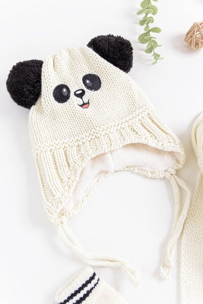 Panda Figürlü 0-18 Ay Erkek Bebek Atkı Bere Eldiven Takımı