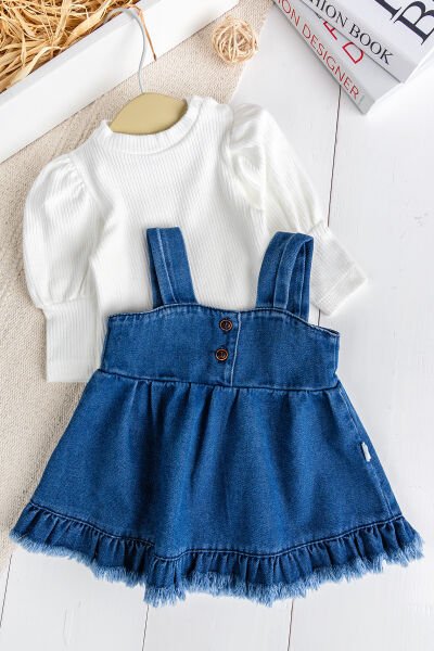 Püsküllü Jean Jile  Elbise Kot Salopet Buluz Set