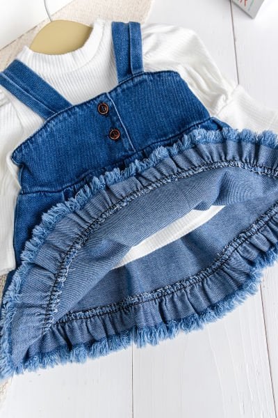 Püsküllü Jean Jile  Elbise Kot Salopet Buluz Set