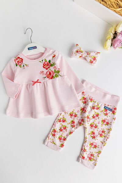 Gül Baskılı 3 Parça Kız Bebek Takım Bebek Set