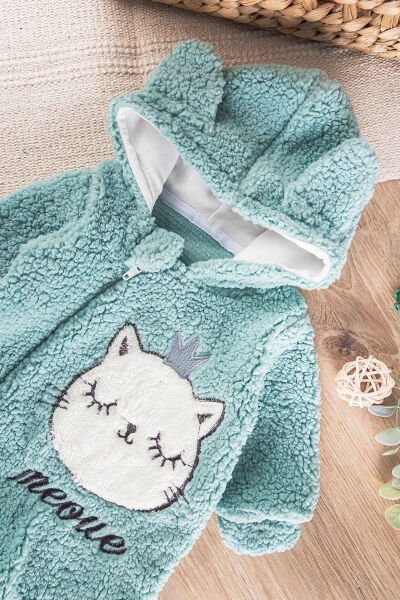 Kedi Figürlü Welsoft Peluş Kız/Erkek Bebek Tulum YEŞİL -  0-3 AY