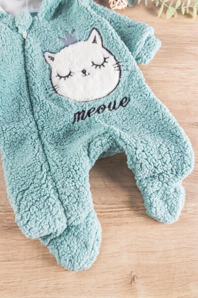 Kedi Figürlü Welsoft Peluş Kız/Erkek Bebek Tulum YEŞİL -  0-3 AY