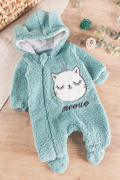 Kedi Figürlü Welsoft Peluş Kız/Erkek Bebek Tulum YEŞİL - 3 Ay