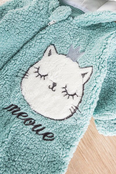 Kedi Figürlü Welsoft Peluş Kız/Erkek Bebek Tulum YEŞİL - 3 Ay