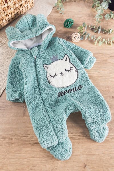 Kedi Figürlü Welsoft Peluş Kız/Erkek Bebek Tulum YEŞİL - 9 Ay