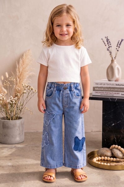 Kelebek İşlemeli Denim Kız Çocuk Kot pantolon