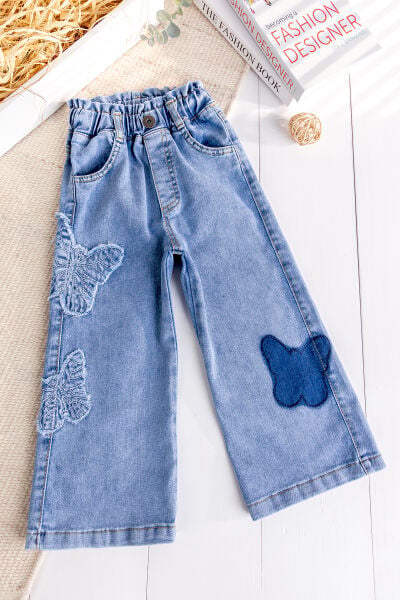 Kelebek İşlemeli Denim Kız Çocuk Kot pantolon