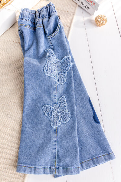 Kelebek İşlemeli Denim Kız Çocuk Kot pantolon