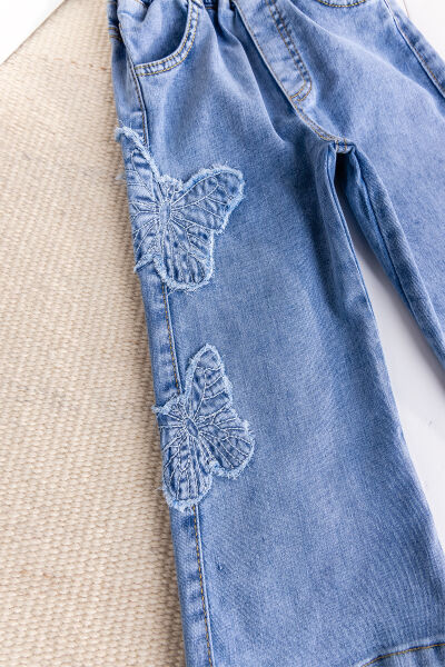 Kelebek İşlemeli Denim Kız Çocuk Kot pantolon