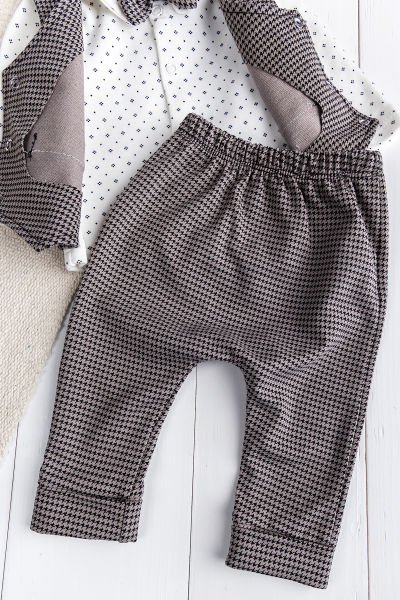 Kaz Ayagı Desenli Yelekli  Papyonlu 4'lü Erkek Bebek Takım Set Şık Özel Gün