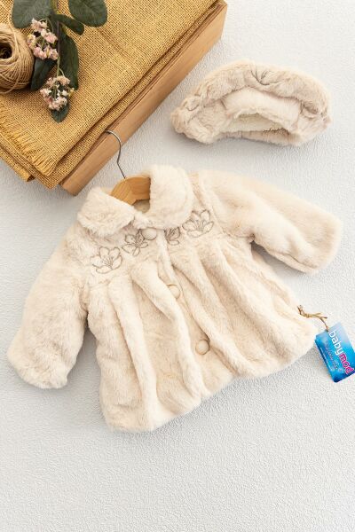 Çiçek Nakışlı Şapkalı Kız Bebek Peluş Mont