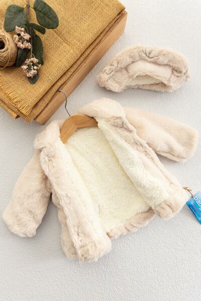 Çiçek Nakışlı Şapkalı Kız Bebek Peluş Mont