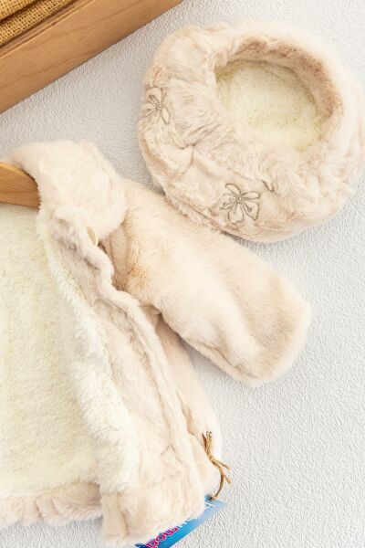 Çiçek Nakışlı Şapkalı Kız Bebek Peluş Mont