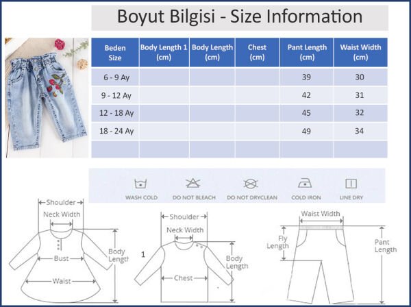 Çilek Nakışlı Denim Kumaşlı Beli Lastikli Kız Bebek Kot Pantolon