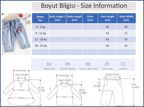 Çilek Nakışlı Denim Kumaşlı Beli Lastikli Kız Bebek Kot Pantolon