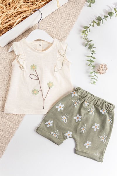 Papatya Baskılı 2'li Yazlık Kız Bebek Takım YEŞİL -  9-12 AY