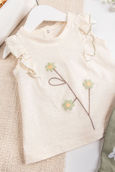 Papatya Baskılı 2'li Yazlık Kız Bebek Takım YEŞİL -  9-12 AY