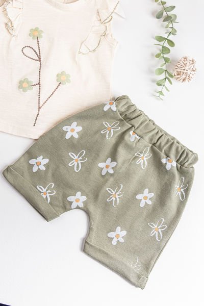 Papatya Baskılı 2'li Yazlık Kız Bebek Takım YEŞİL -  9-12 AY