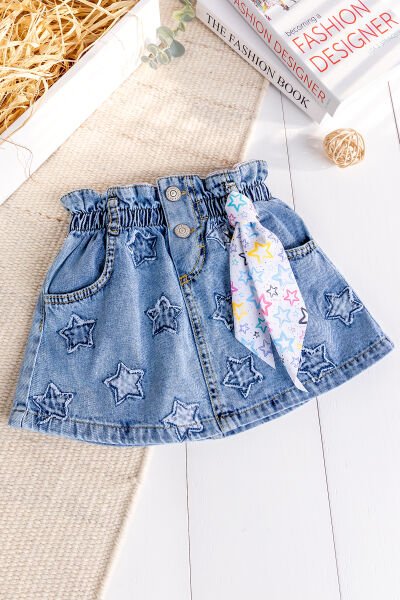 Yıldız İşlemeli Denim Kız Çocuk Kot etek