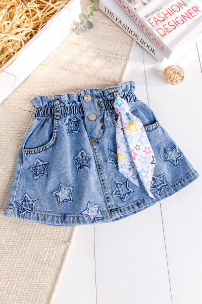 Yıldız İşlemeli Denim Kız Çocuk Kot etek
