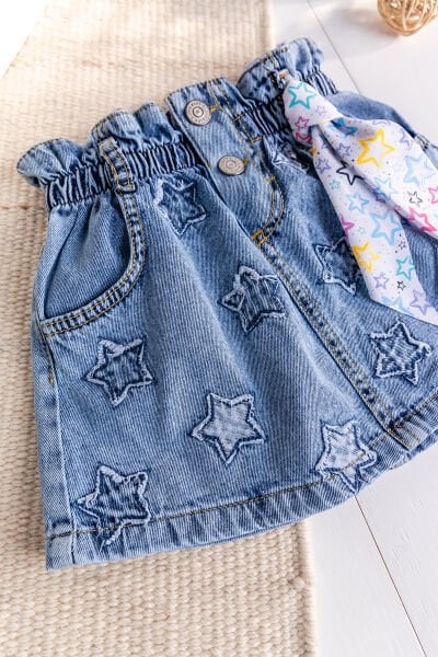 Yıldız İşlemeli Denim Kız Çocuk Kot etek