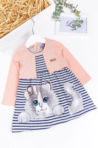 Bolerolu Kedi Baskılı Kız Bebek Elbise